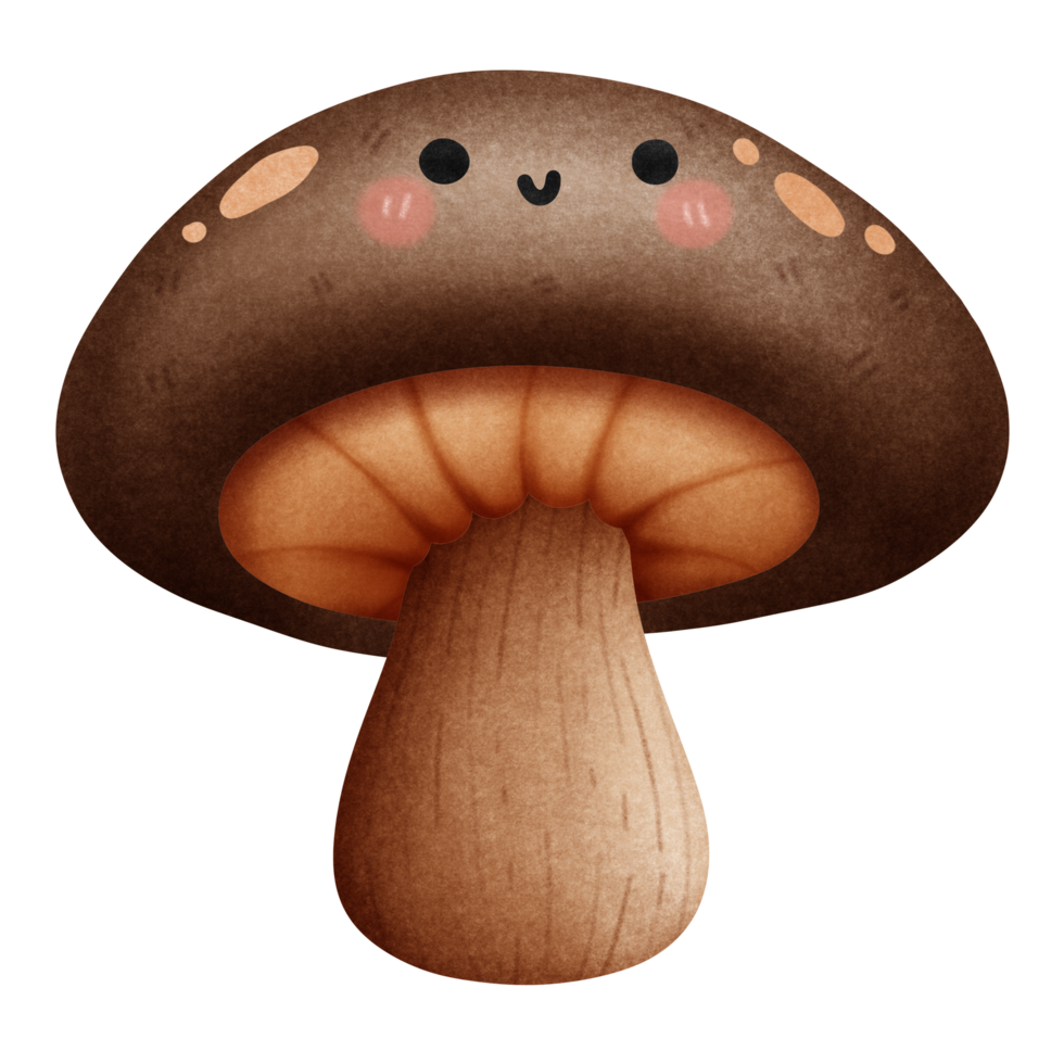 Isolated cute and happy smiling brown mushroom vegetable character in autumn and transparent background png