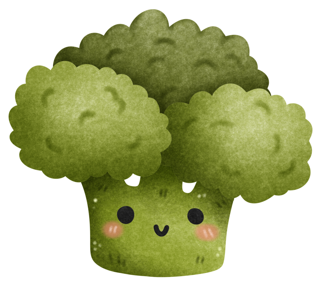 Isolated cute and happy smiling green broccoli vegetable character in transparent background png