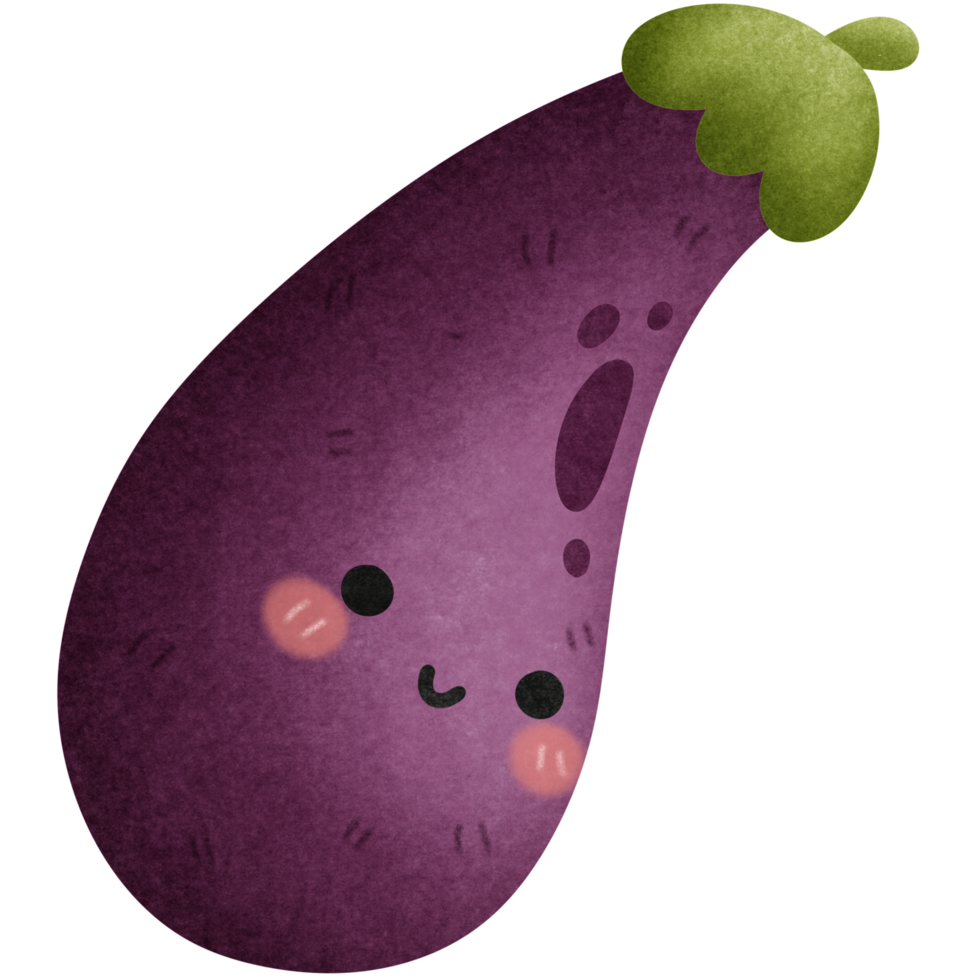 Isolated cute and happy smiling purple eggplant vegetable character in autumn and transparent background png