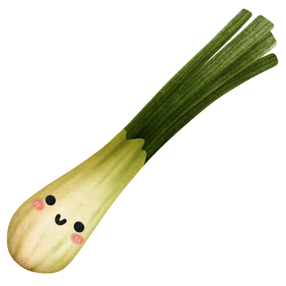 Isolated cute and happy smiling leek vegetable character in transparent background png