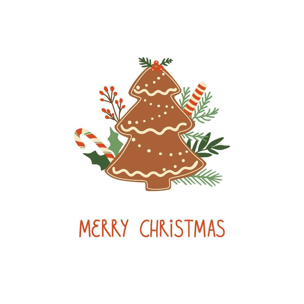 Christmas gingerbread cookie isolated vector element. Tasty winter holiday dessert decorated fir tree branches. Hand drawn food illustration. Baked Christmas concept for card, poster. New Year design.