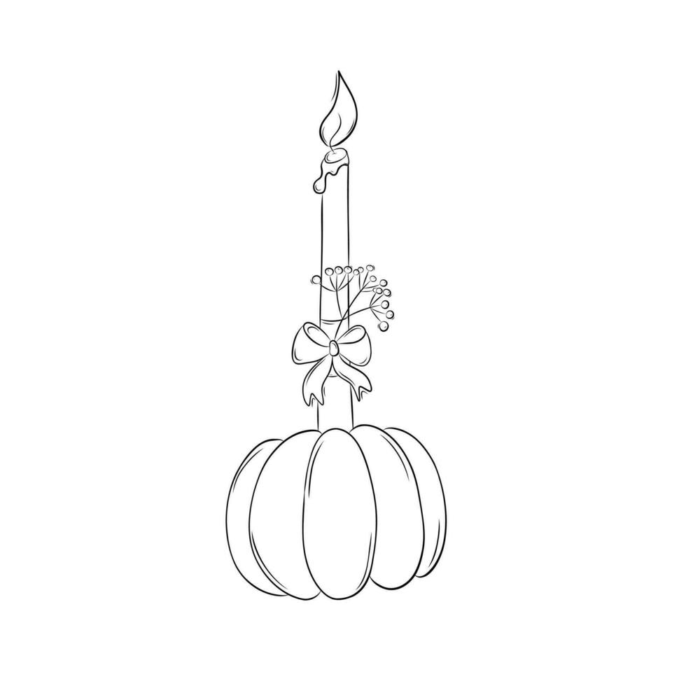 Decorative element for decorating a holiday Thanksgiving dinner. Burning candle in a pumpkin with a bow and a sprig of berries. Simple vector illustration in doodle style