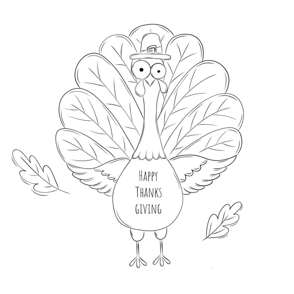 Cute funny turkey in pilgrim hat decorated with autumn leaves with beautiful tail. Thanksgiving greeting card. Simple vector illustration in doodle style. Holiday coloring book for children and adults