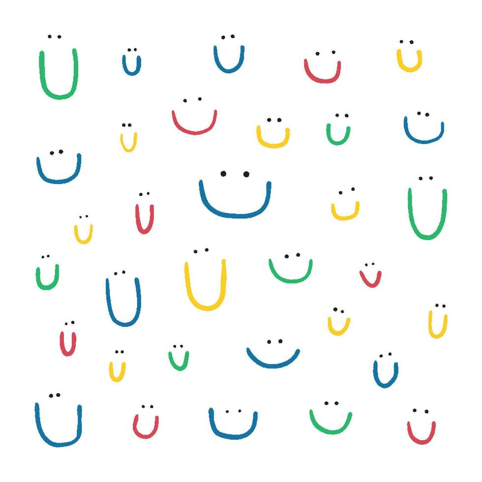 Hand drawn collection of cute smiles. Colored doodle different smiles for card, fabric, wrapping paper, notepad covers, wallpapers isolated on white background. vector