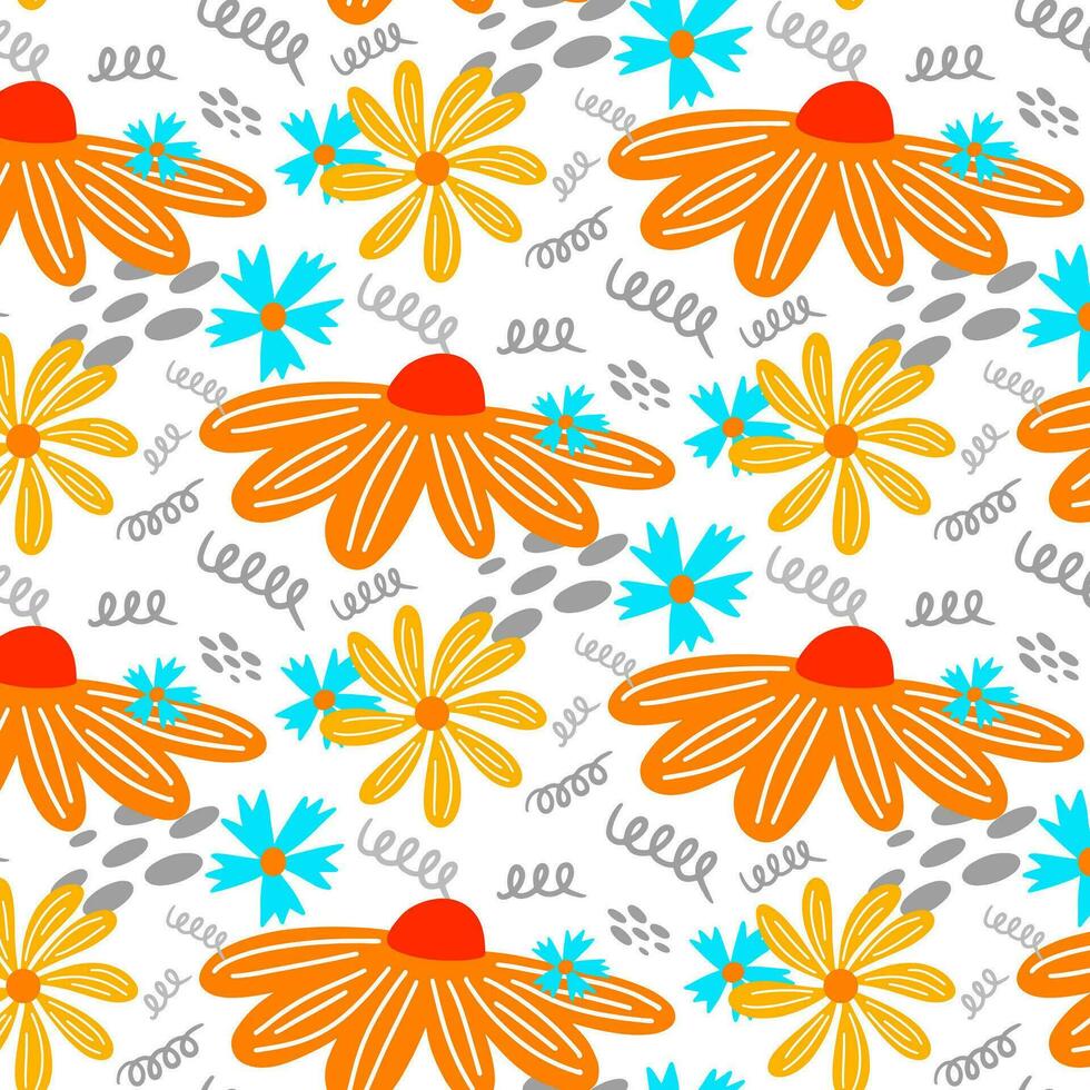 vector dibujado a mano verano patrón transparente floral aislado sobre fondo blanco. garabatear hojas y flores. dibujos animados de fondo tropical para el diseño de bodas, envolturas, textiles, adornos y tarjetas de felicitación
