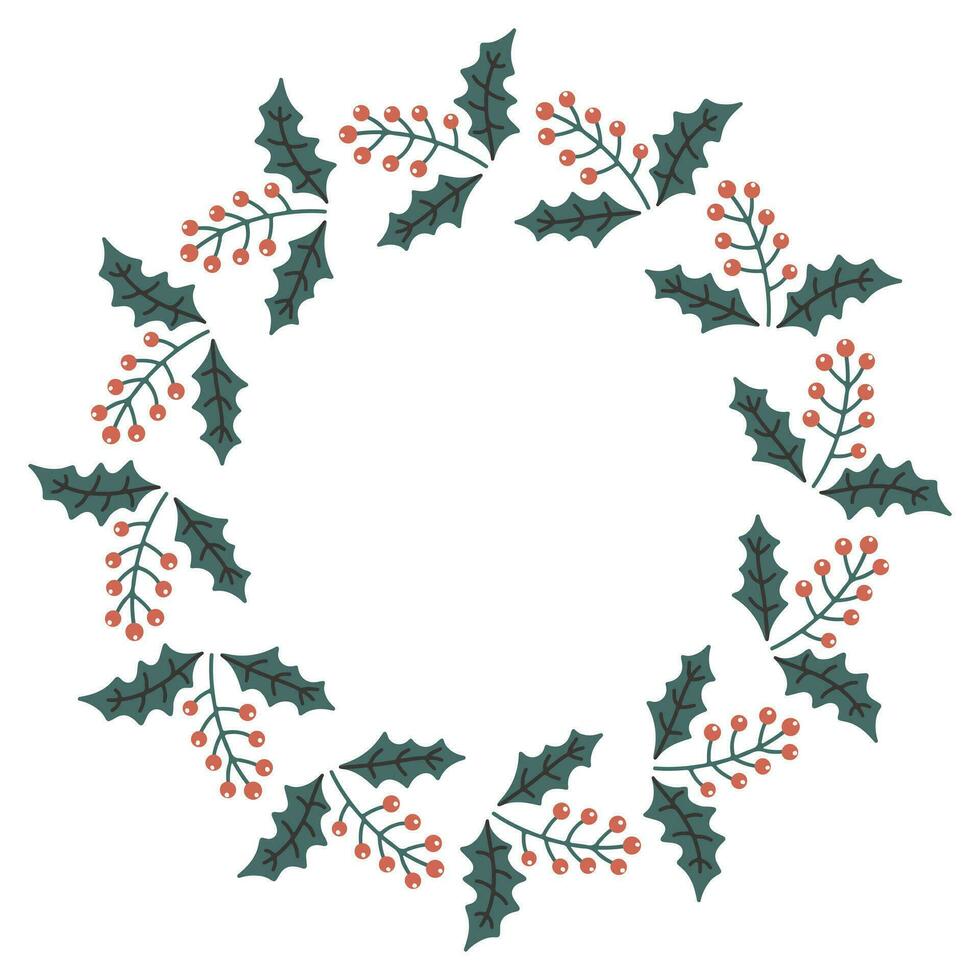 Vector hand drawn Christmas wreath isolated on white background. Decorative doodle mistletoe, round frame. Holly leaves and berry for winter new year design, ornate and greetings. Christmas template