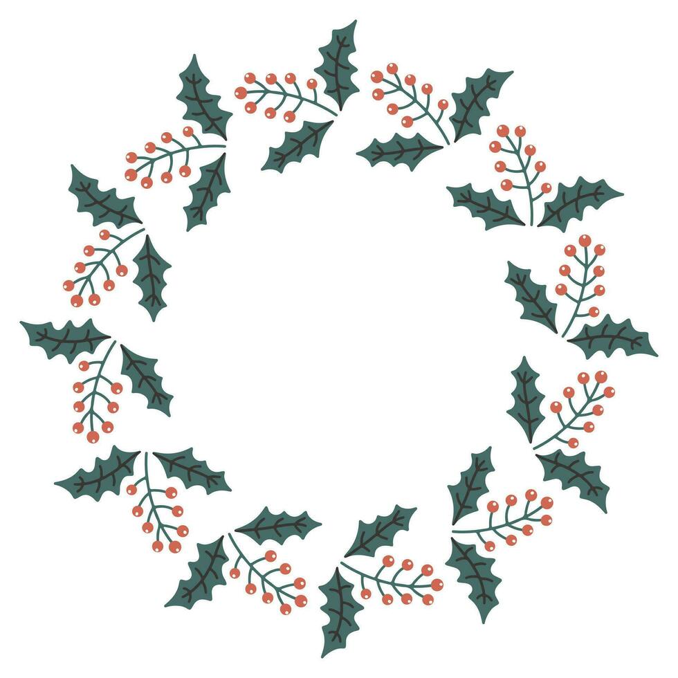 Vector hand drawn Christmas wreath isolated on white background. Decorative doodle mistletoe, round frame. Holly leaves and berry for winter new year design, ornate and greetings. Christmas template