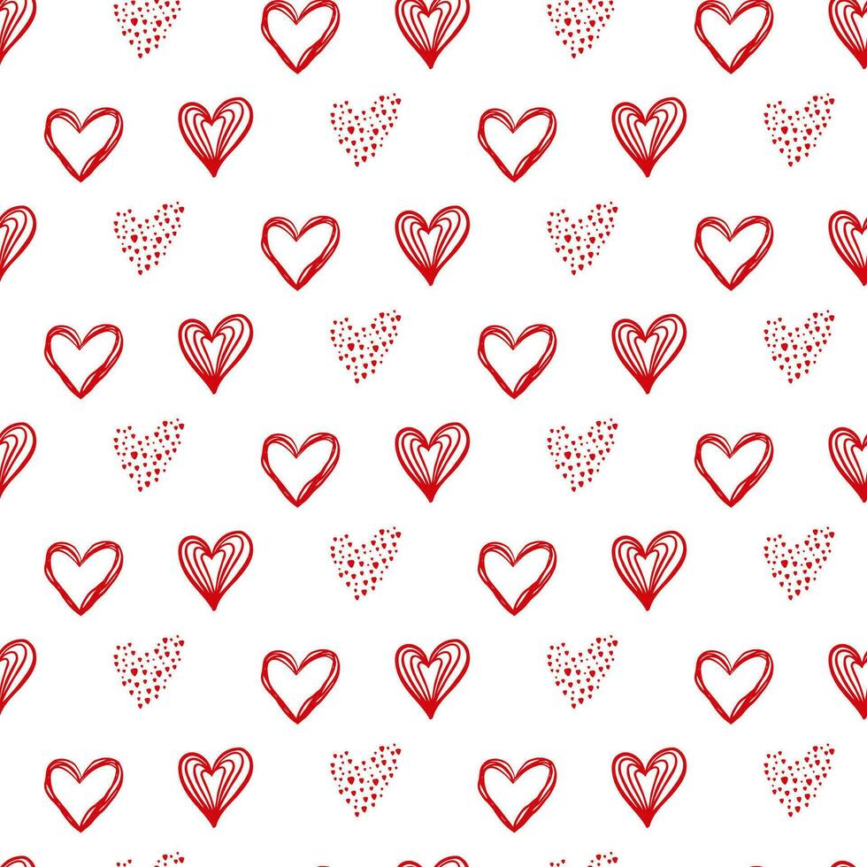Cute hand drawn Valentine's hearts seamless pattern. Decorative doodle love heart shape in sketch style. Scribble ink hearts icon for wedding design, wrapping, ornate and greeting cards. Romantic vector
