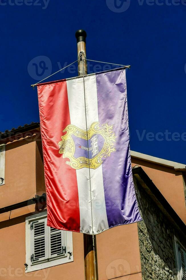 the flag of croatia in front of a building photo