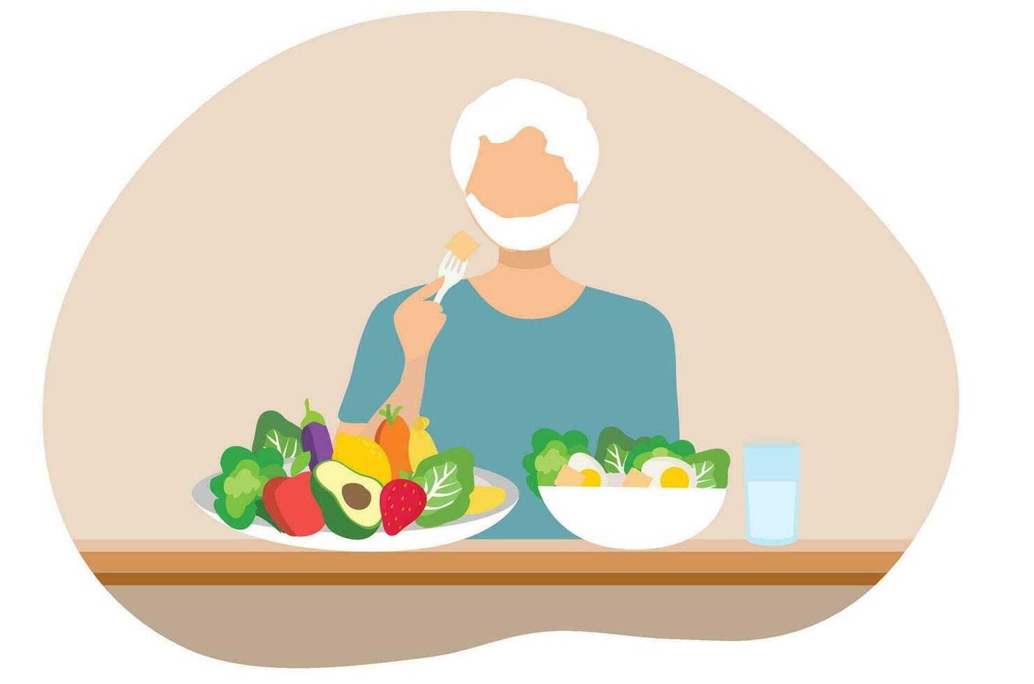 Healthy food for elderly couple concept, old man eating healthy food. Healthy aging for seniors care vector illustration