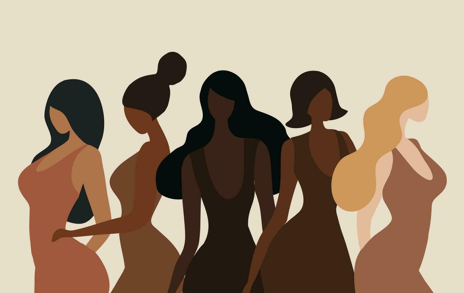 Woman empowerment concept, five different nationality woman, strong together and feminist concept vector illustration