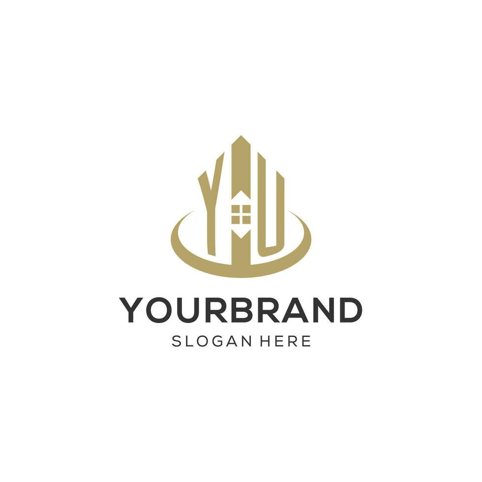 Initial YU logo with creative house icon, modern and professional real estate logo design vector