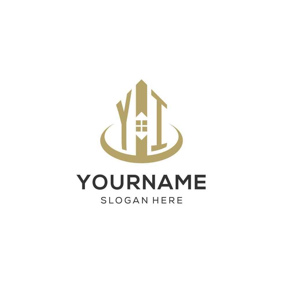 Initial YI logo with creative house icon, modern and professional real estate logo design vector