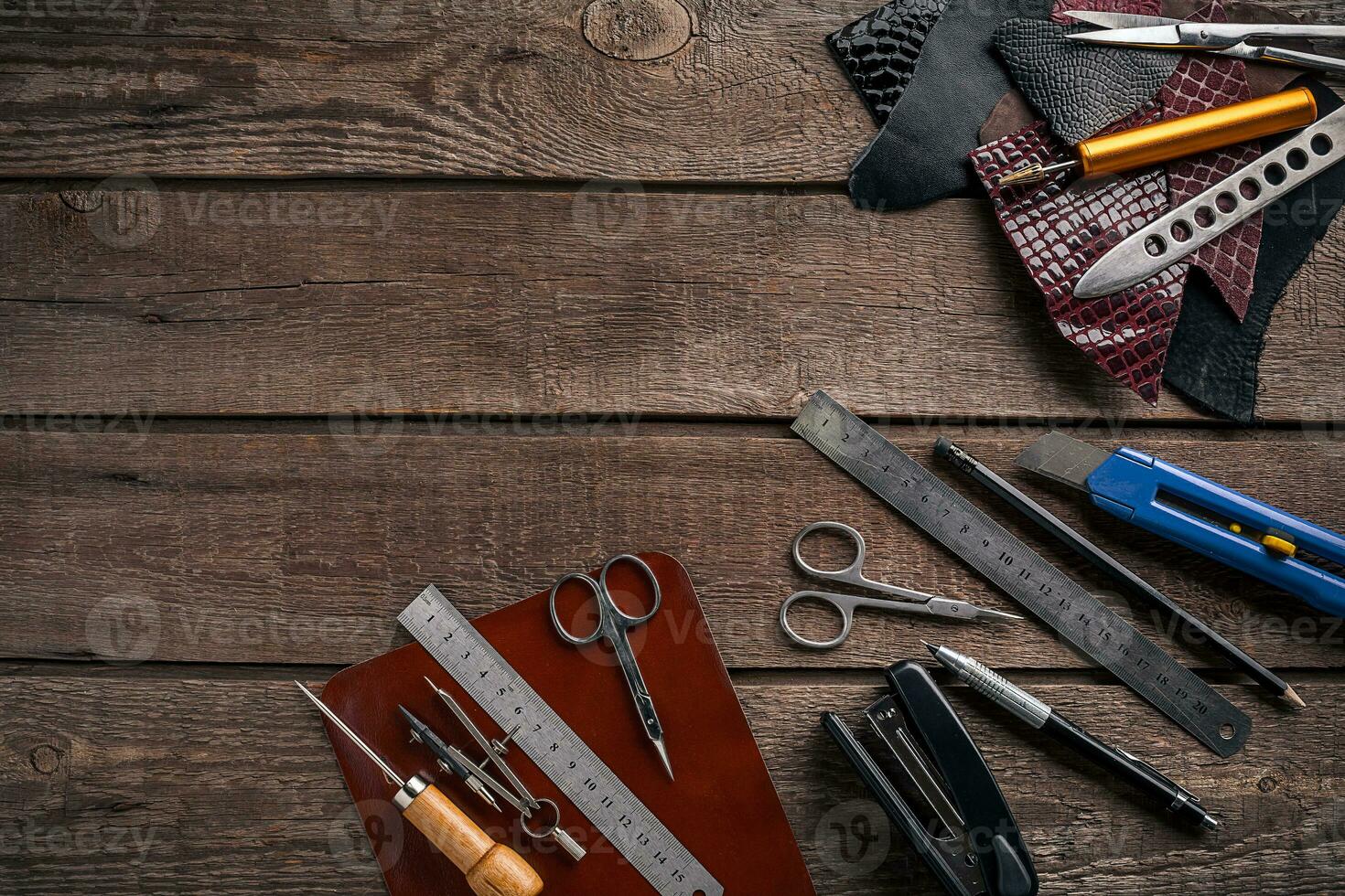 Leather crafting. Tools flat lay still life photo