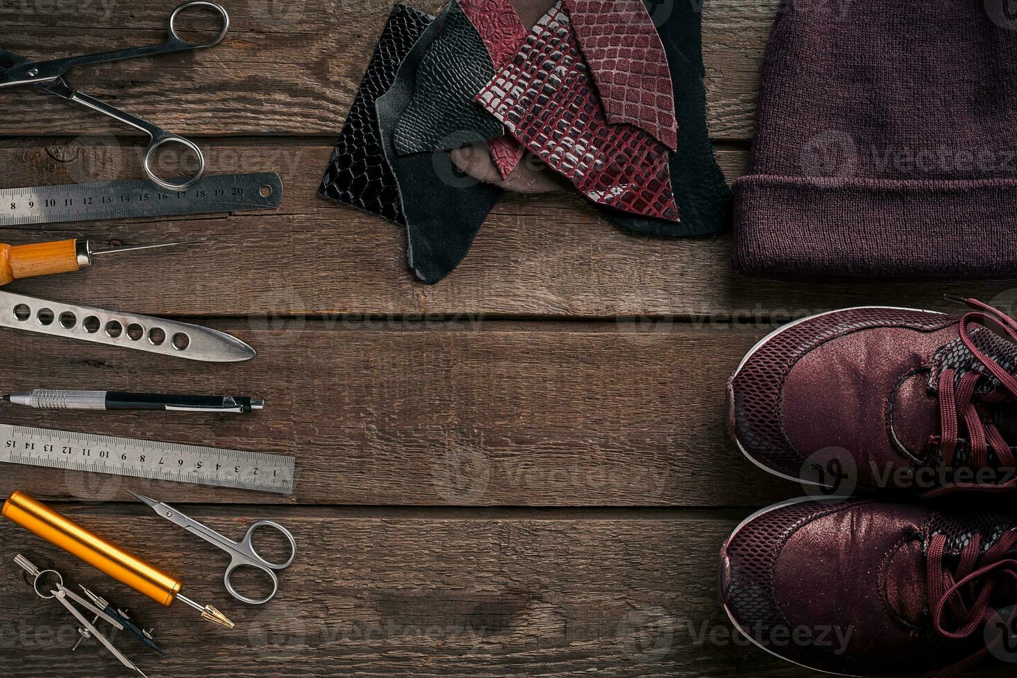 Leather crafting. Tools flat lay still life photo