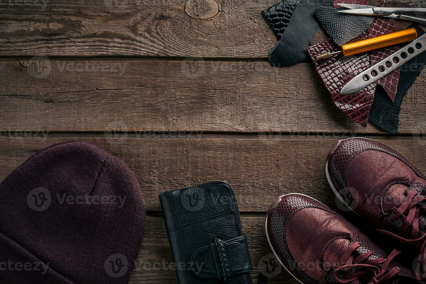 Leather crafting. Tools flat lay still life photo