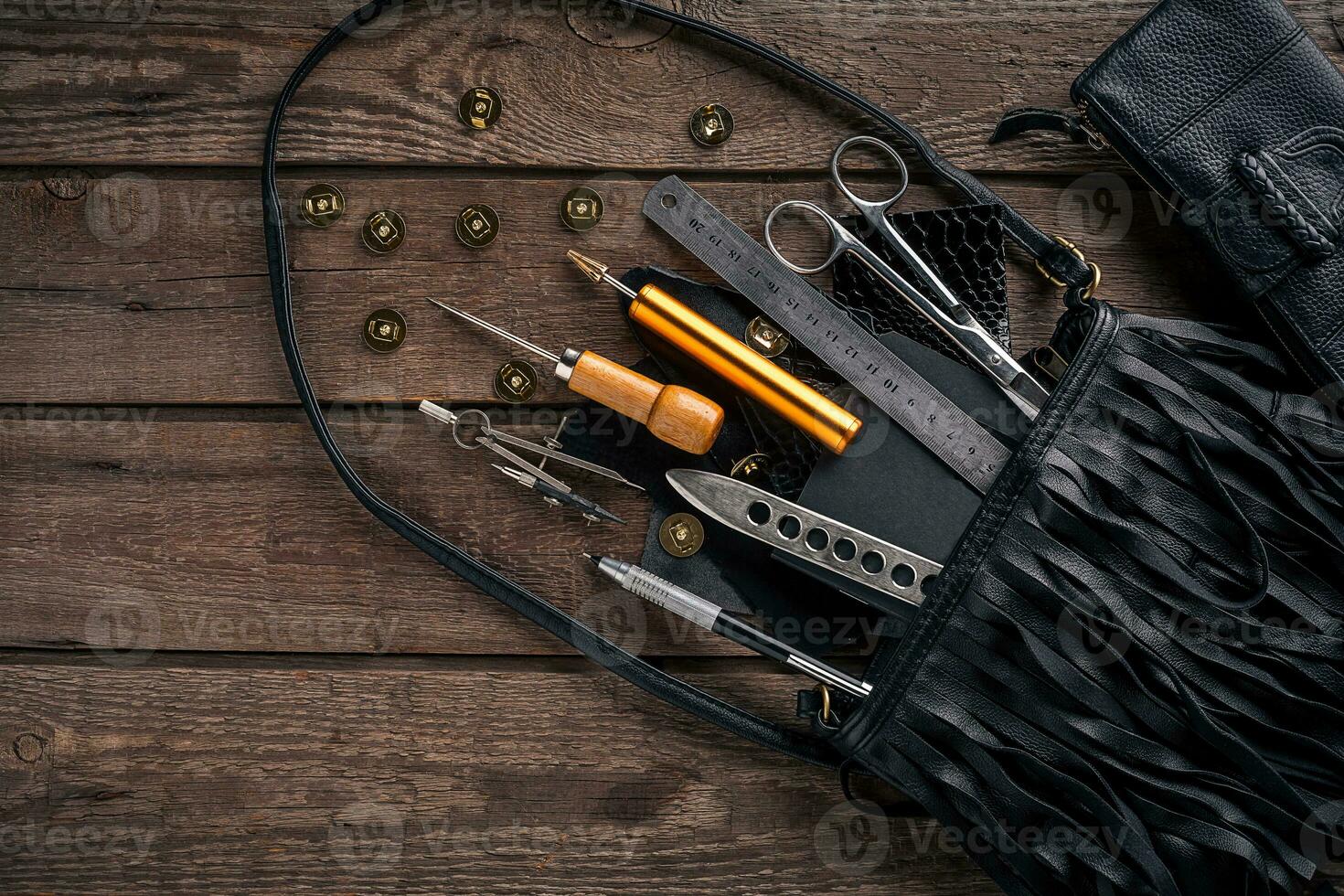 Leather crafting. Tools flat lay still life photo