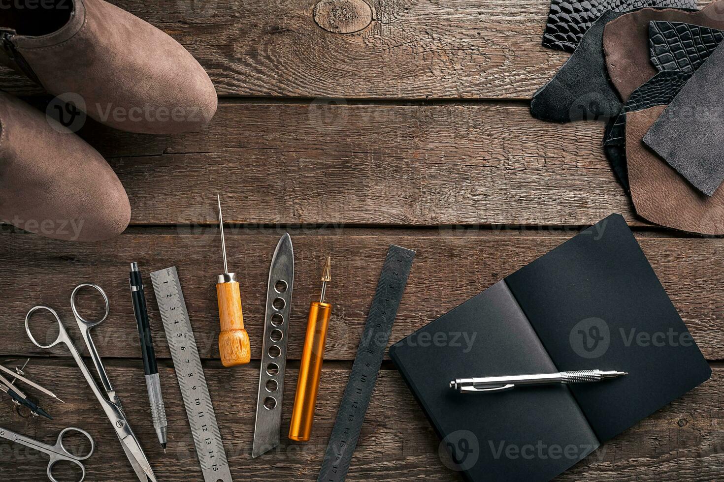 Leather crafting. Tools flat lay still life photo