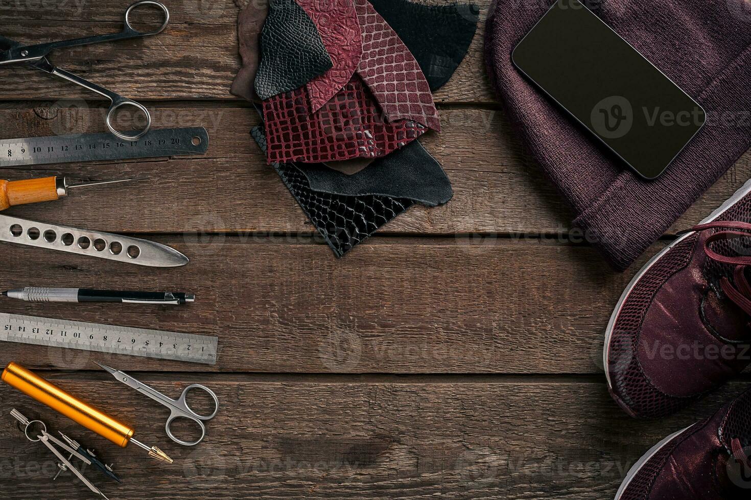 Leather crafting. Tools flat lay still life photo