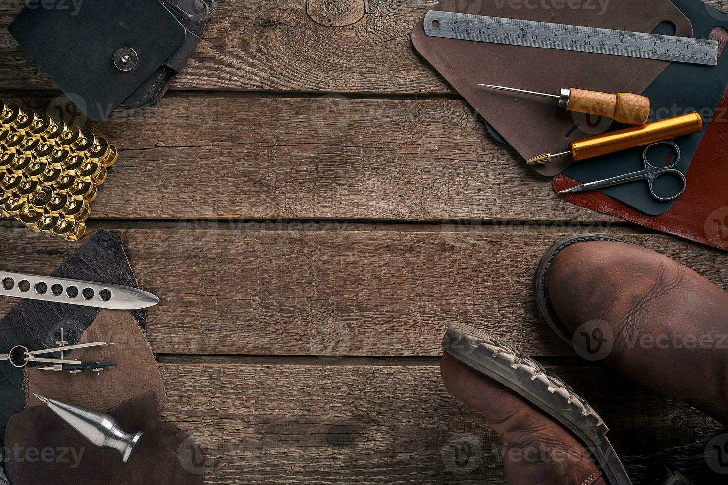 Leather crafting. Tools flat lay still life photo