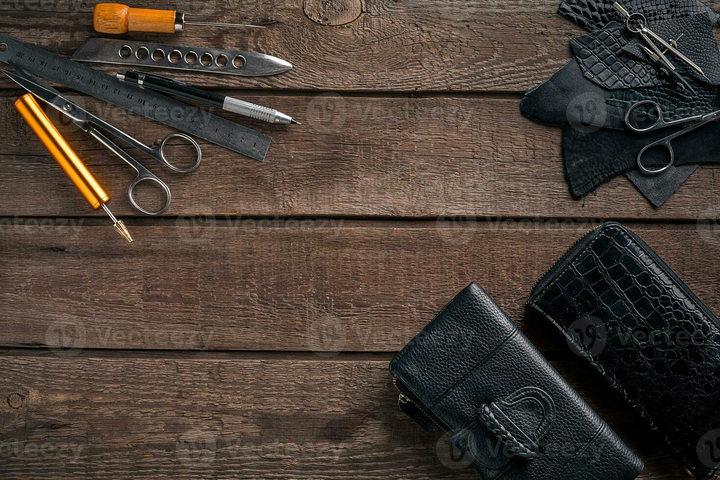 Leather crafting. Tools flat lay still life photo