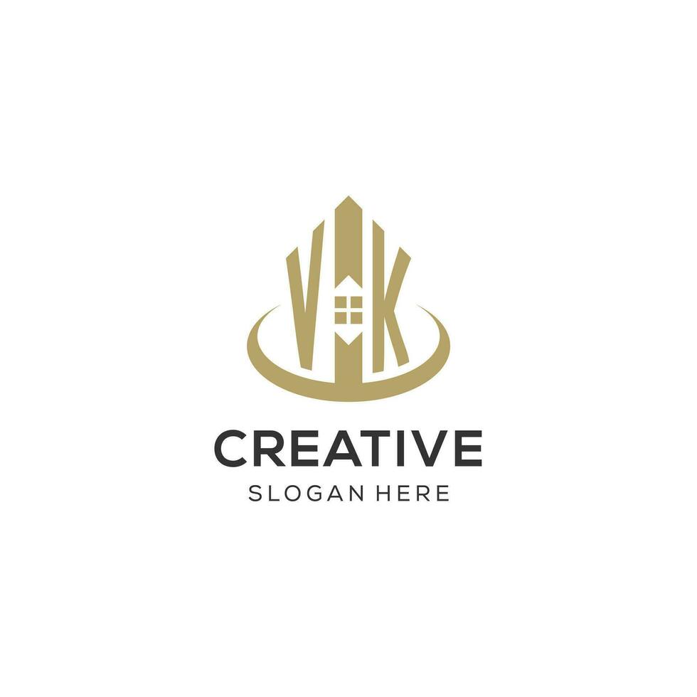 Initial VK logo with creative house icon, modern and professional real estate logo design vector