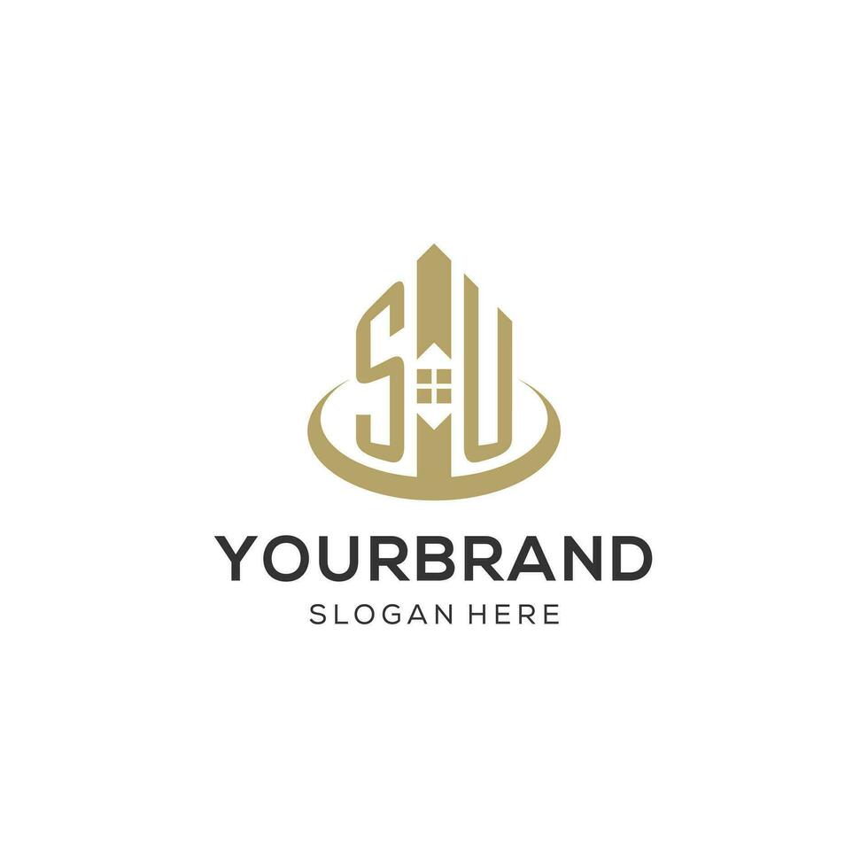 Initial SU logo with creative house icon, modern and professional real estate logo design vector