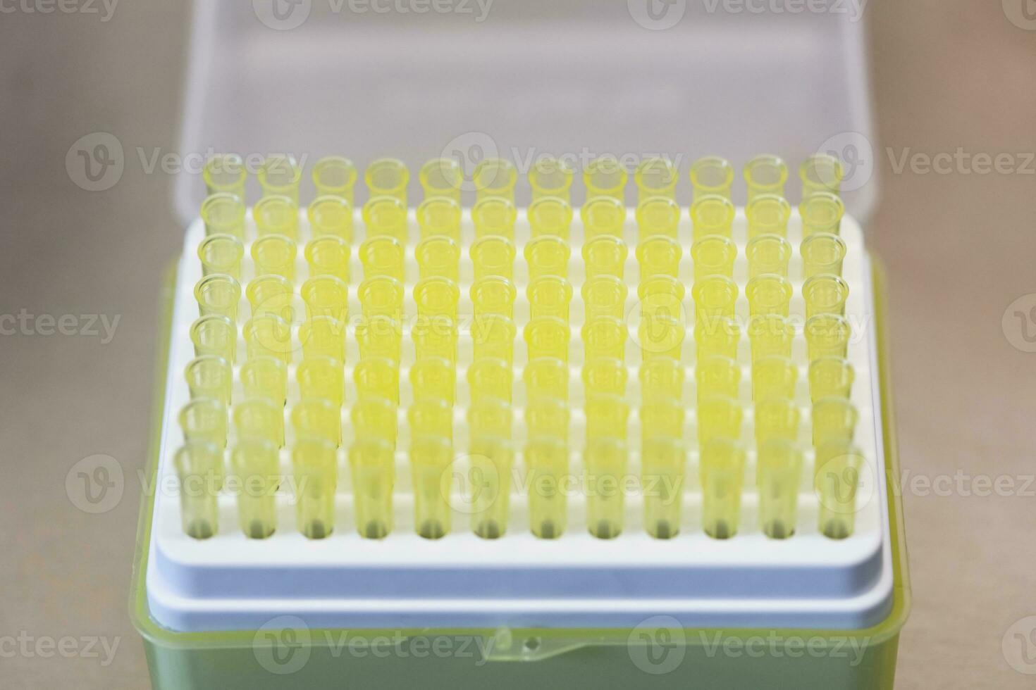 A set of glass tubes for samples. Laboratory chemical equipment. photo