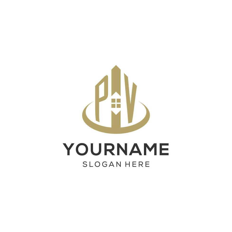 Initial PV logo with creative house icon, modern and professional real estate logo design vector