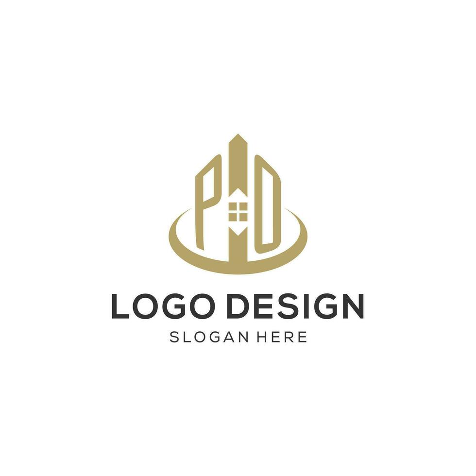 Initial PO logo with creative house icon, modern and professional real estate logo design vector