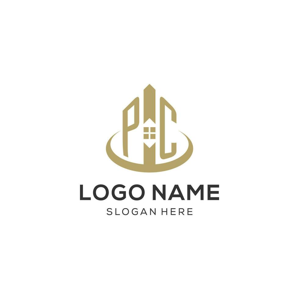 inicial ordenador personal logo con creativo casa icono, moderno y profesional real inmuebles logo diseño vector