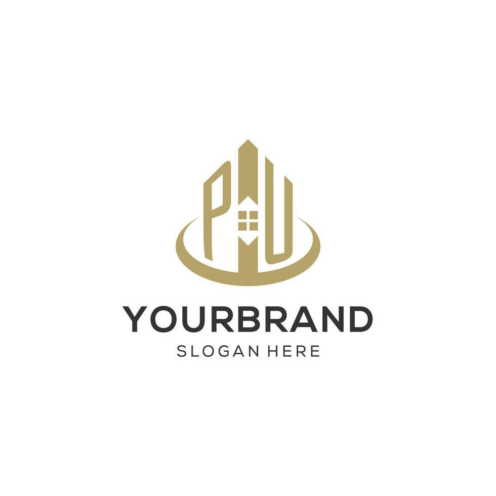 Initial PU logo with creative house icon, modern and professional real estate logo design vector