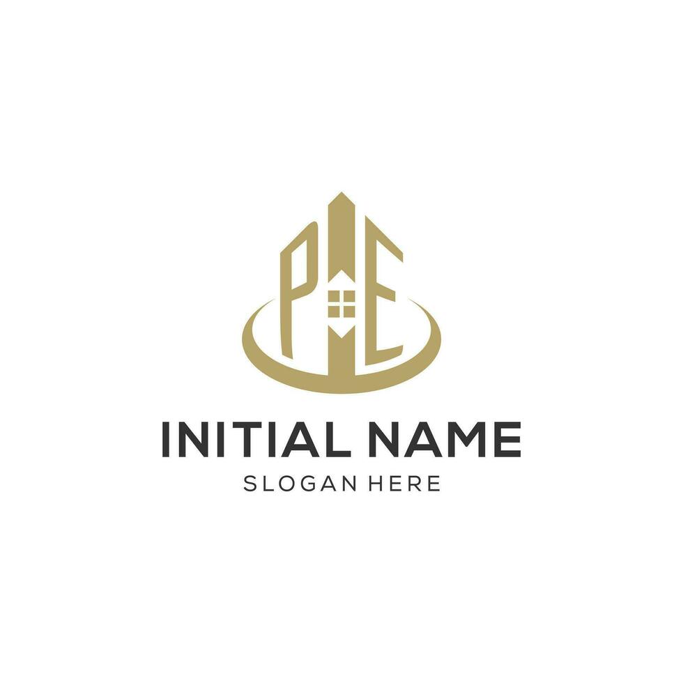 Initial PE logo with creative house icon, modern and professional real estate logo design vector