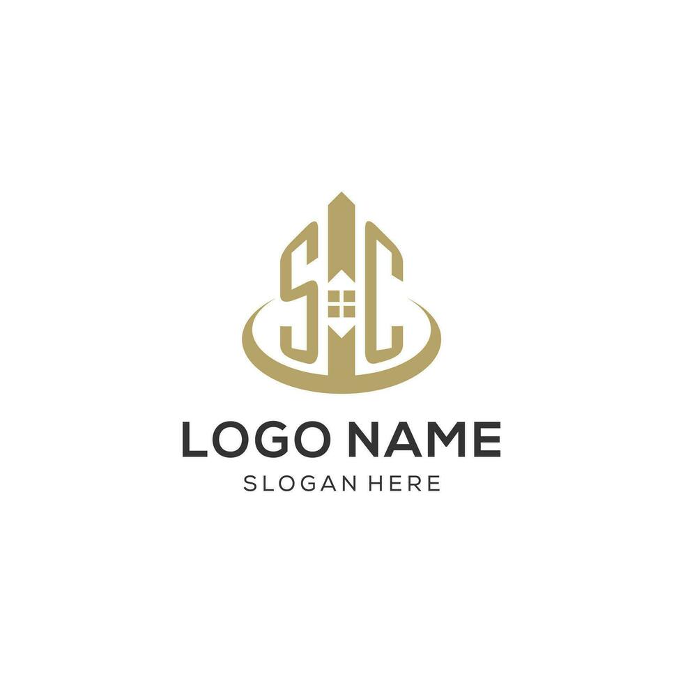 Initial SC logo with creative house icon, modern and professional real estate logo design vector