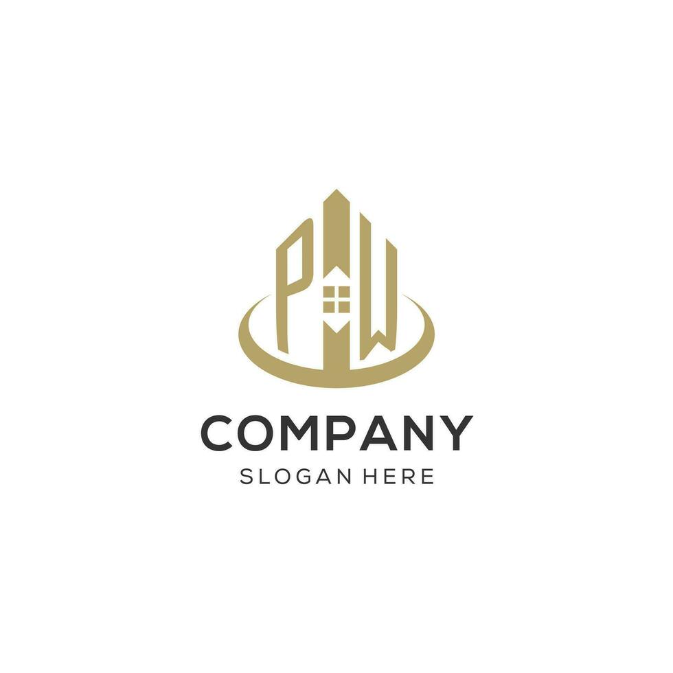 Initial PW logo with creative house icon, modern and professional real estate logo design vector
