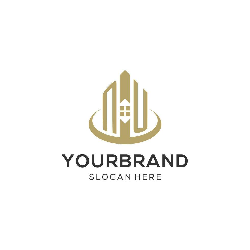 Initial NU logo with creative house icon, modern and professional real estate logo design vector