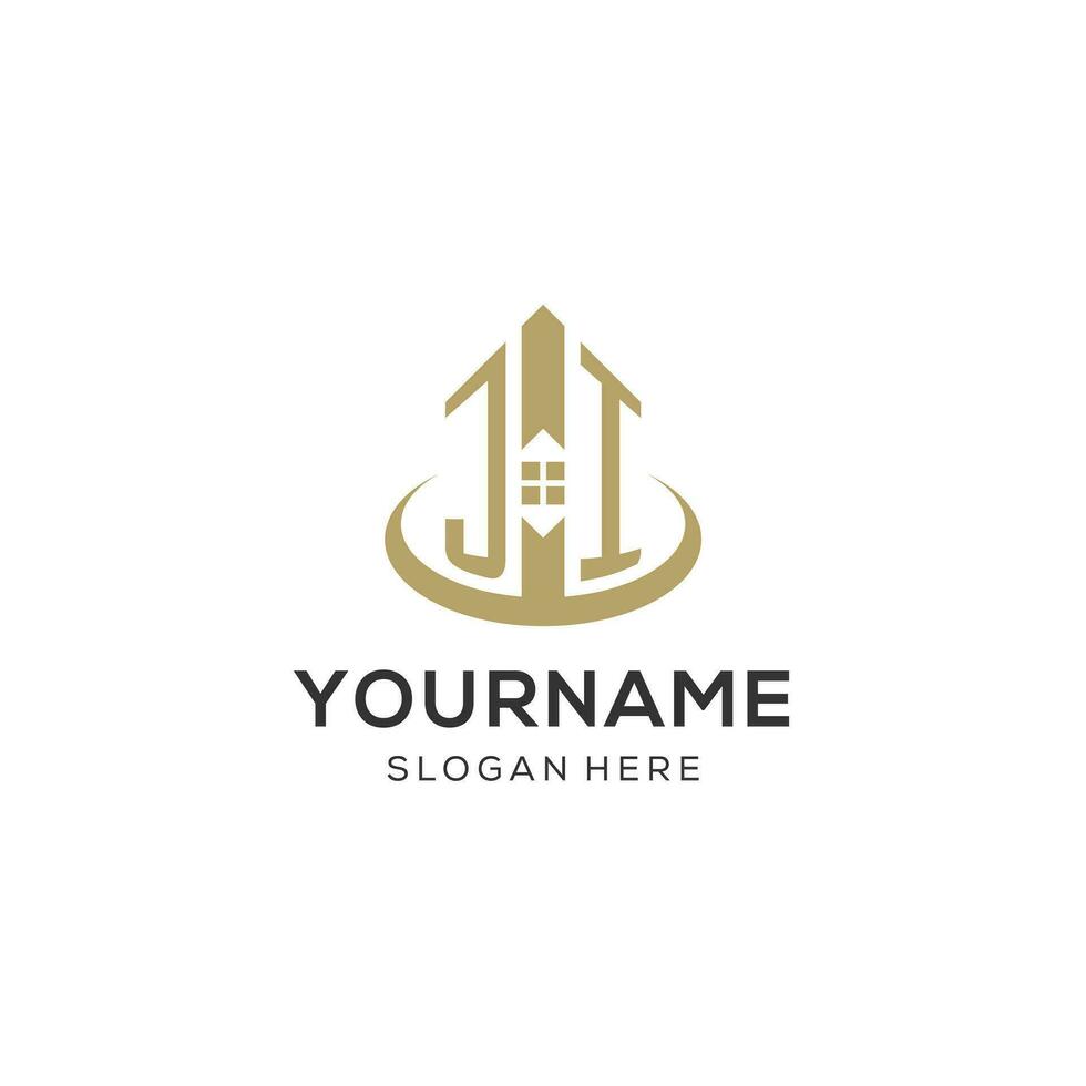 Initial JI logo with creative house icon, modern and professional real estate logo design vector