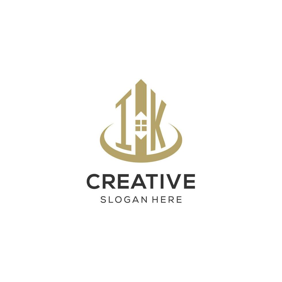 Initial IK logo with creative house icon, modern and professional real estate logo design vector
