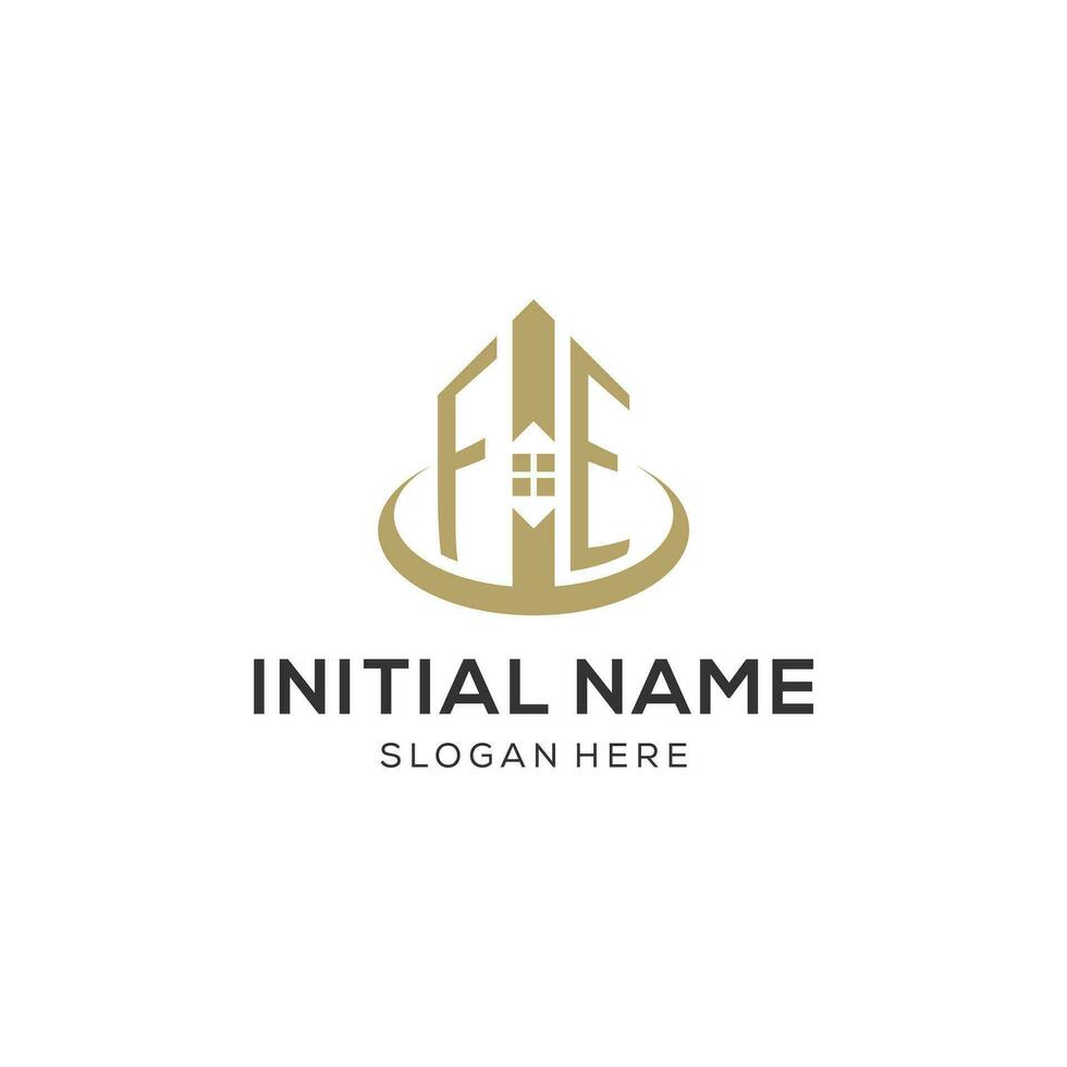 Initial FE logo with creative house icon, modern and professional real estate logo design vector