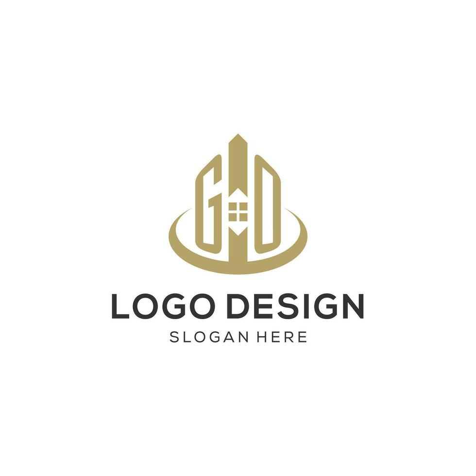 Initial GO logo with creative house icon, modern and professional real estate logo design vector