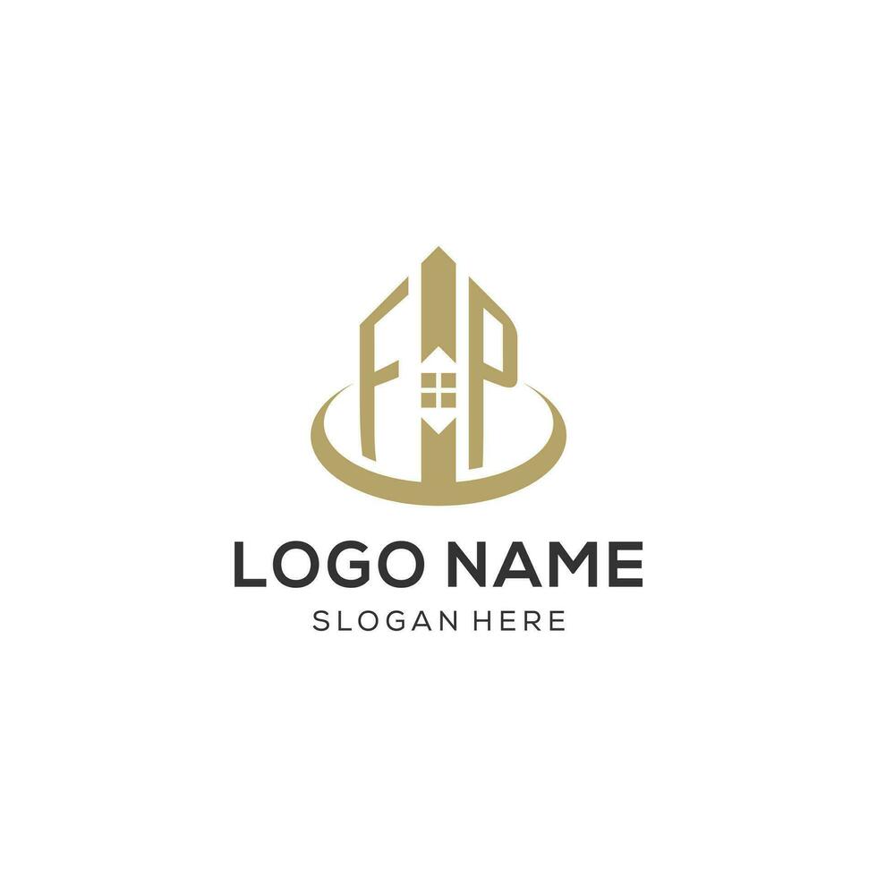 Initial FP logo with creative house icon, modern and professional real estate logo design vector