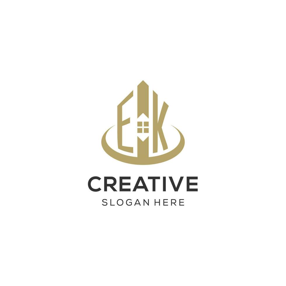 Initial EK logo with creative house icon, modern and professional real estate logo design vector