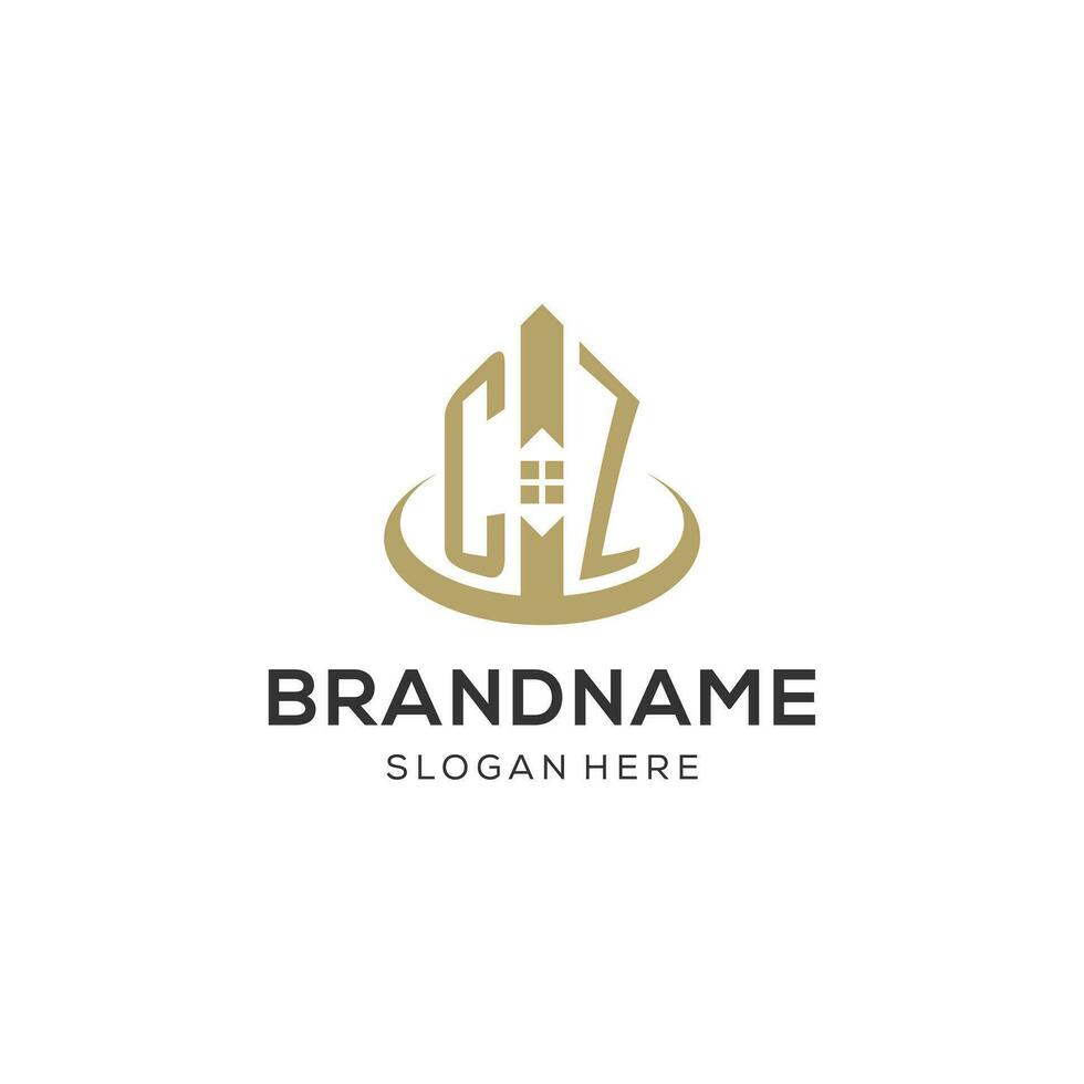 Initial CZ logo with creative house icon, modern and professional real estate logo design vector
