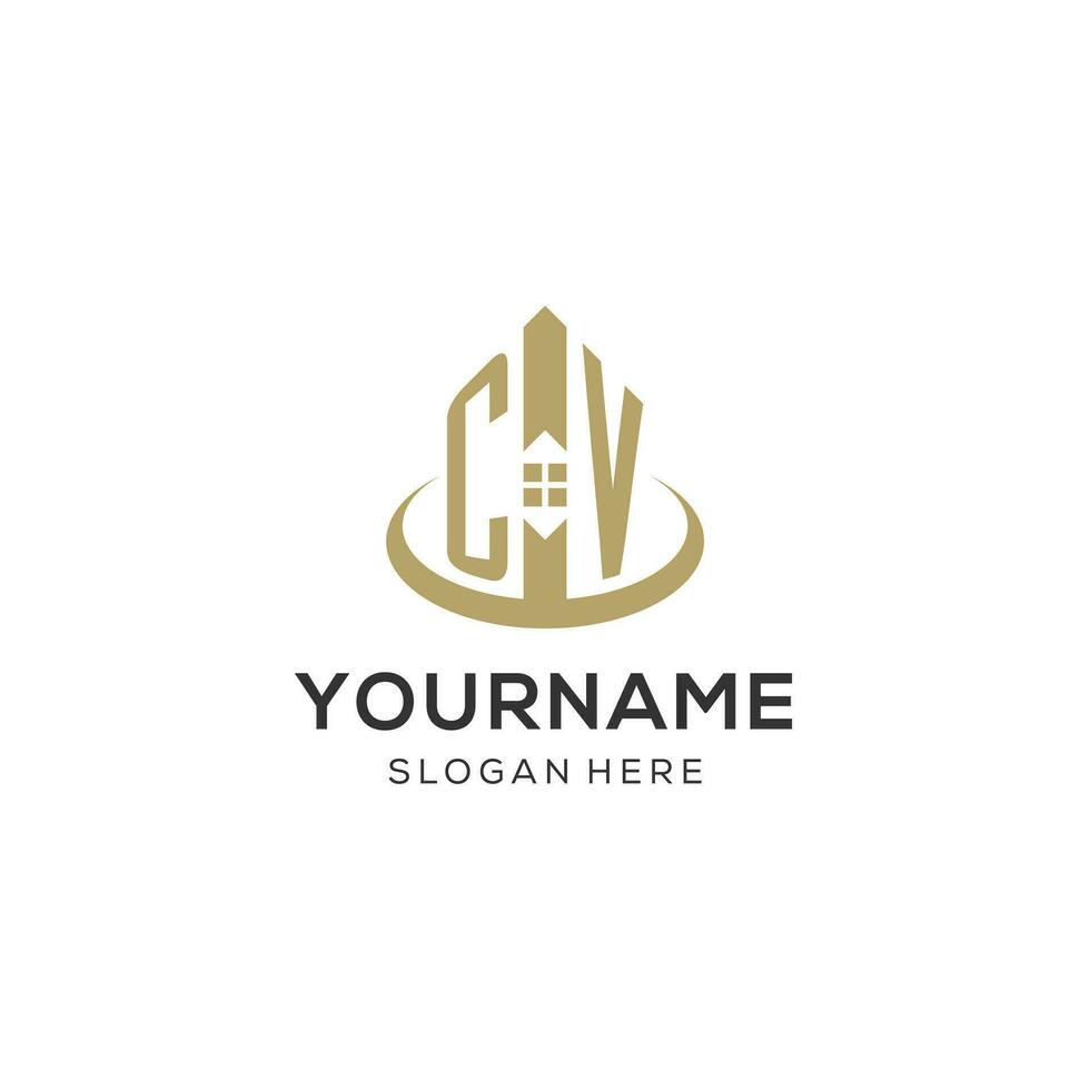 Initial CV logo with creative house icon, modern and professional real estate logo design vector