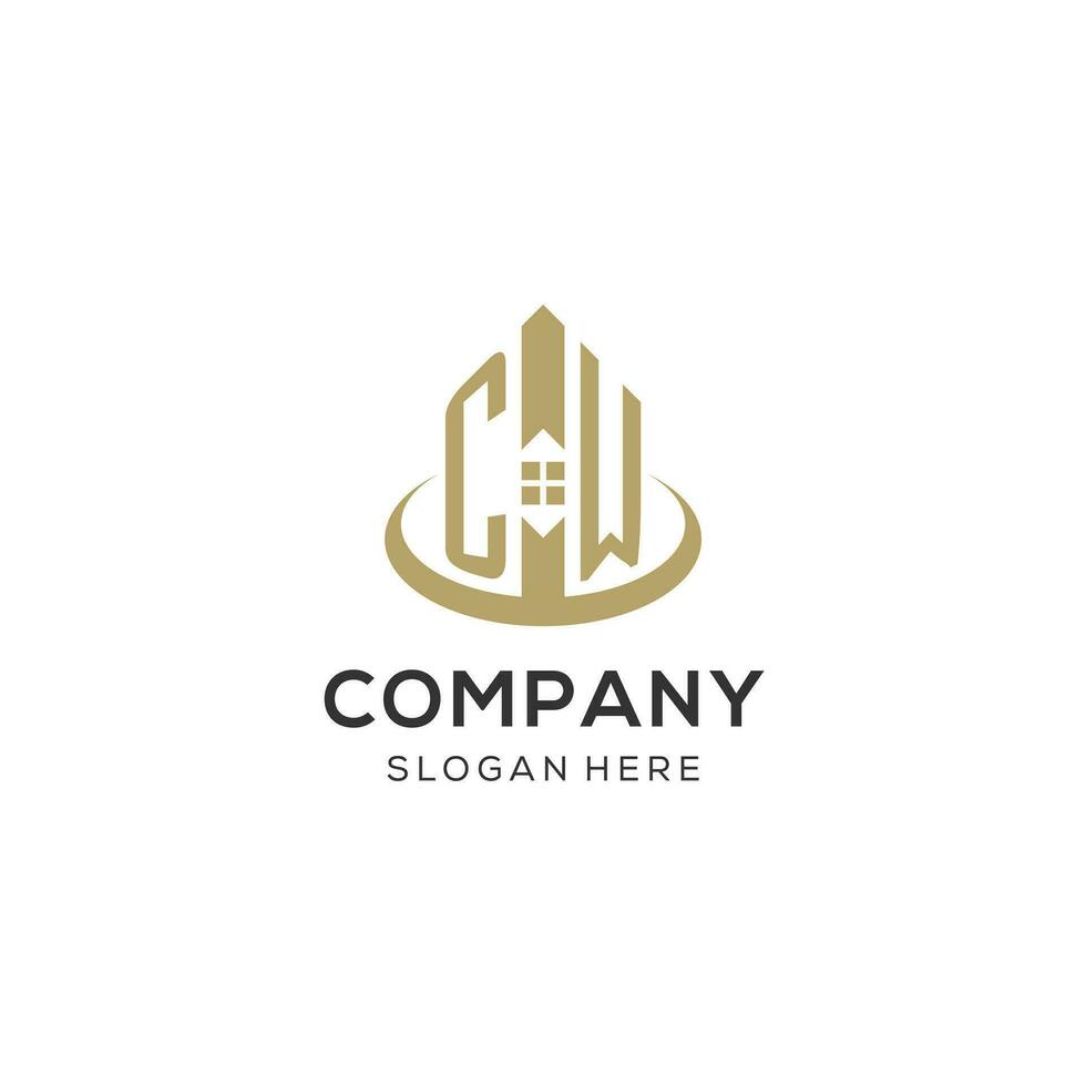 Initial CW logo with creative house icon, modern and professional real estate logo design vector