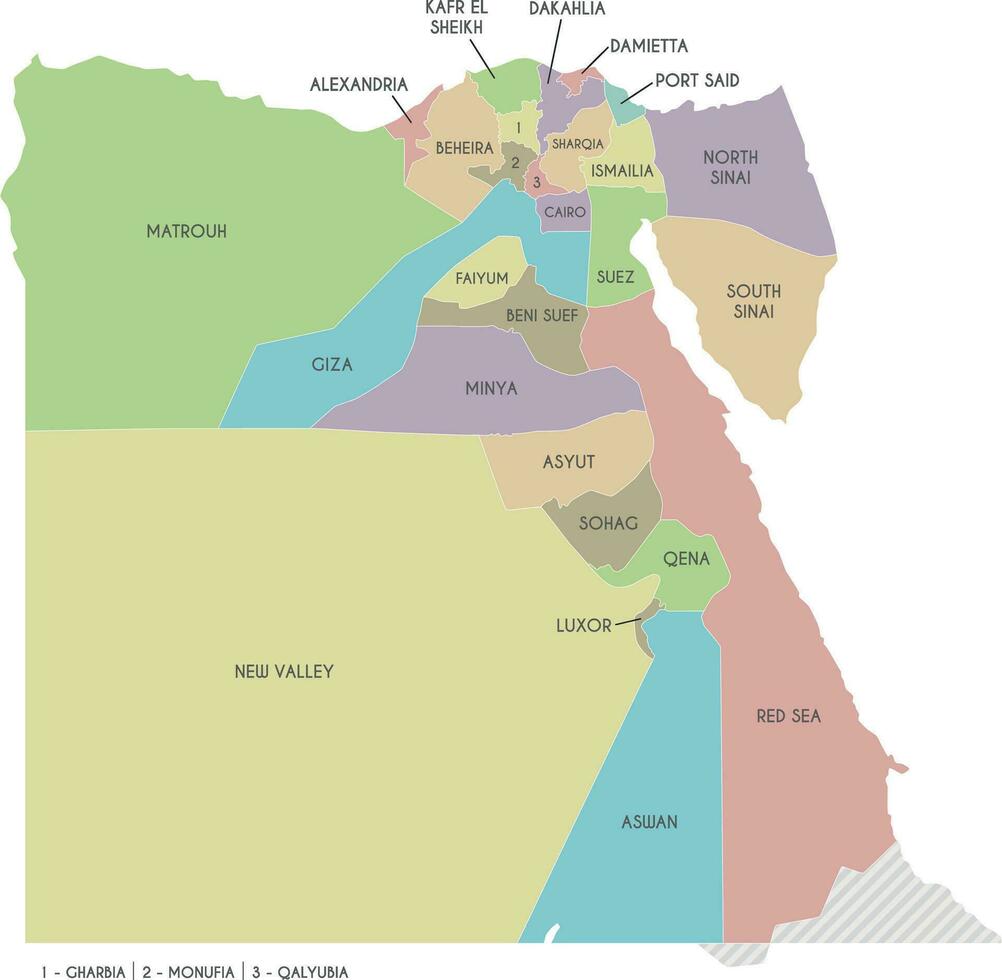 Vector map of Egypt with governorates or provinces and administrative divisions. Editable and clearly labeled layers.