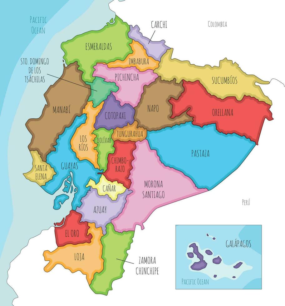 vector ilustrado mapa de Ecuador con provincias y administrativo divisiones, y vecino países. editable y claramente etiquetado capas.