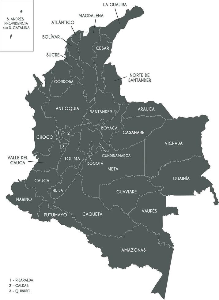 Vector map of Colombia with departments, capital region and administrative divisions. Editable and clearly labeled layers.