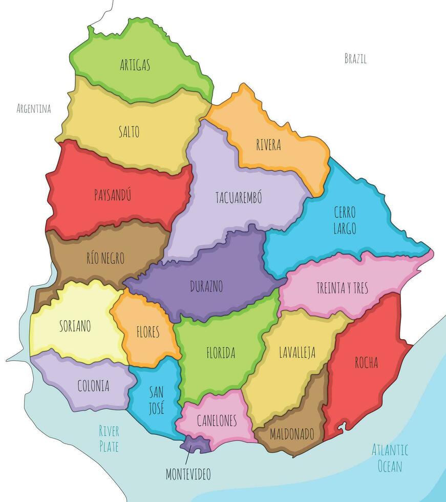 Vector illustrated map of Uruguay with departments and administrative divisions, and neighbouring countries. Editable and clearly labeled layers.