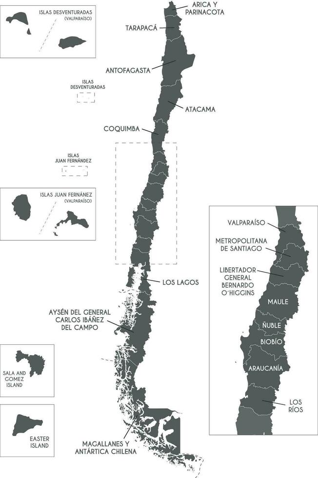 Vector map of Chile with regions and territories and administrative divisions. Editable and clearly labeled layers.